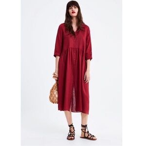 Zara 100linen Red Midi Dress size S